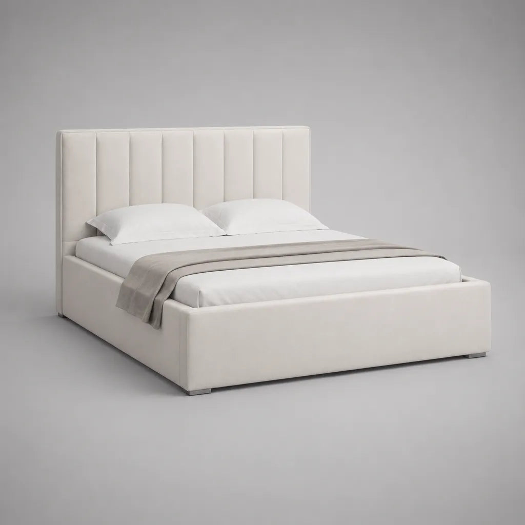 Letto matrimoniale imbottito in poliestere bianco crema 176 × 218 × 120 cm, rete 160 × 200 cm, testiera a pannelli verticali