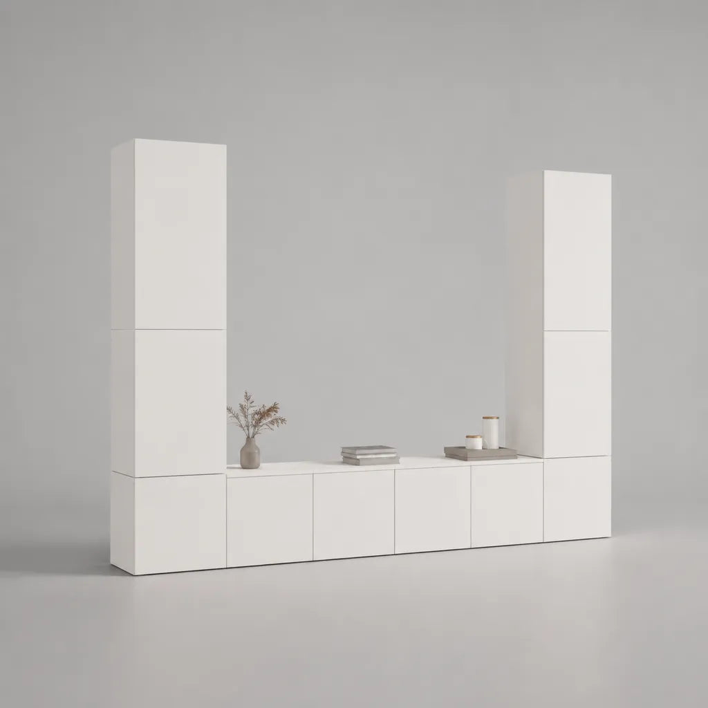 Parete attrezzata TV modulare da 10 elementi in truciolare bianco opaco, 300 x 40 x 200 cm