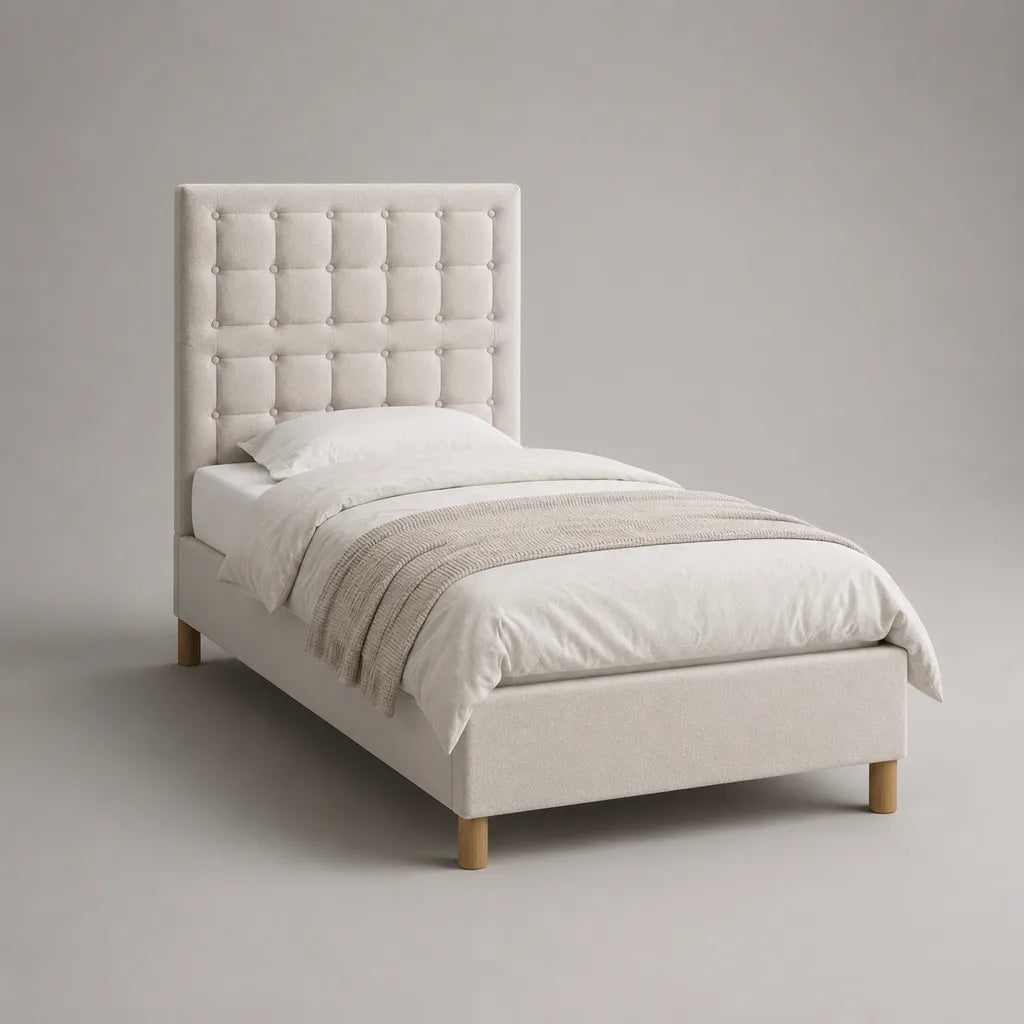 Letto singolo imbottito beige e marrone chiaro 90 x 200 cm in tessuto con testiera trapuntata