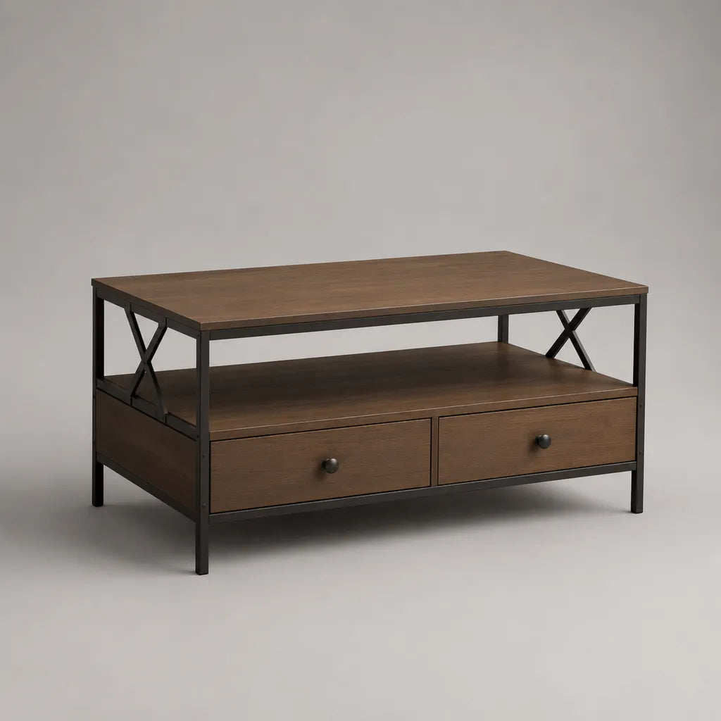 Tavolino rettangolare con 2 cassetti e ripiano, in truciolato melaminico e acciaio, marrone e nero, 100 × 55 × 55 cm