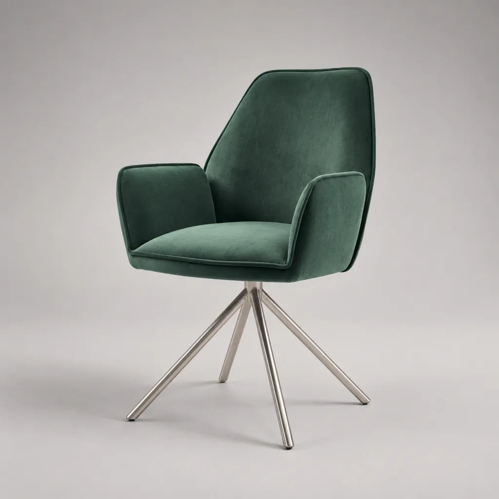Sedia da pranzo girevole con braccioli in tessuto verde scuro e base in metallo argentato, 59 x 61 x 82 cm