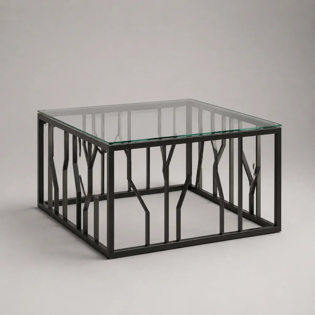 Tavolino da caffè quadrato in vetro e acciaio nero, 80 × 80 × 45 cm