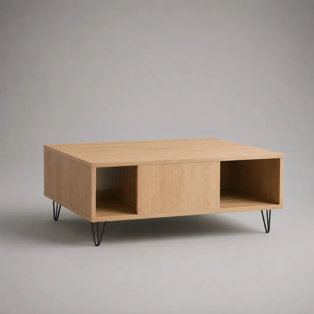 Tavolino da caffè rettangolare in legno con vani contenitore e gambe in metallo nero, 100 x 60 x 40 cm