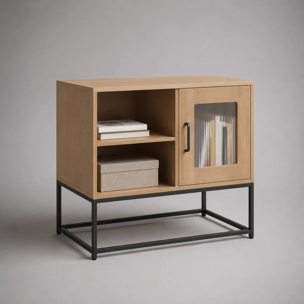 Mobile TV rettangolare in legno, metallo e vetro scanalato, rovere naturale e nero, 80 x 40 x 80 cm