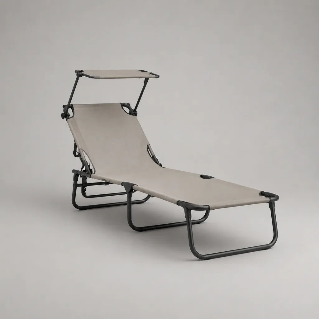 Lettino prendisole pieghevole e reclinabile con parasole, struttura in acciaio e tessuto, tortora e nero, 188 × 58 × 30 cm