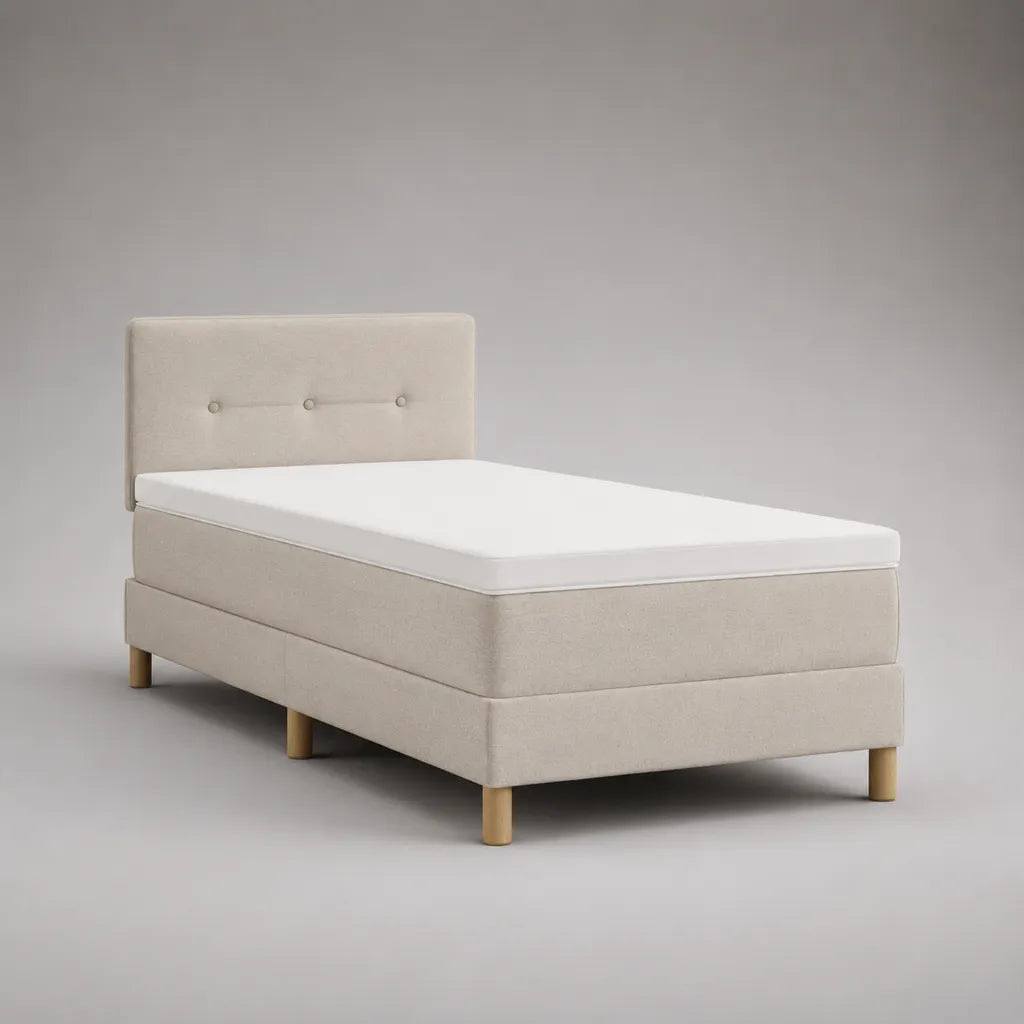 Letto boxspring singolo imbottito in poliestere beige con testiera, materasso e topper, superficie di riposo 90 x 200 cm