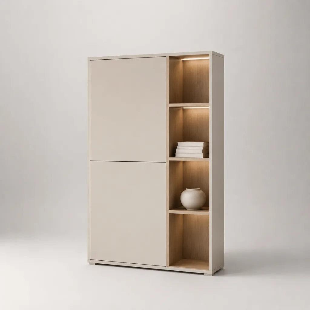 Credenza alta in legno con 2 ante, 4 vani e illuminazione LED, beige e rovere naturale, 120 × 40 × 180 cm
