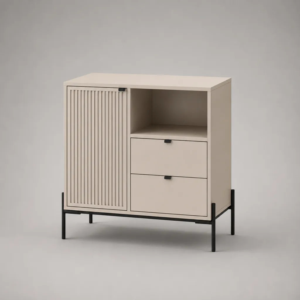 Credenza contenitore in legno e acciaio beige e nero con anta, 2 cassetti e vano aperto, 90 x 40 x 100 cm