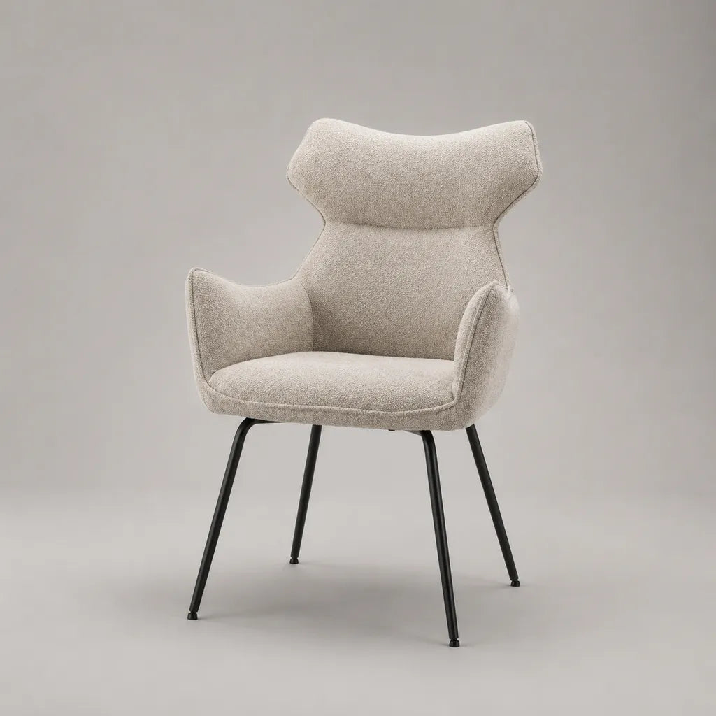 Sedia da pranzo con braccioli in tessuto bouclé e acciaio, beige e nero, 65 × 64 × 92 cm