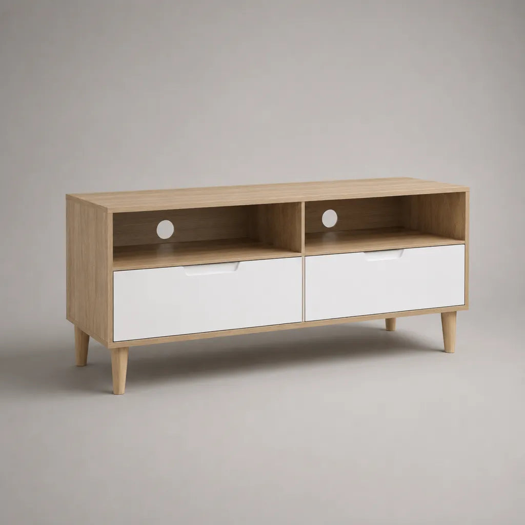 Mobile TV rettangolare in truciolare melaminico con 2 cassetti e 2 vani, rovere chiaro e bianco, 120 x 40 x 60 cm