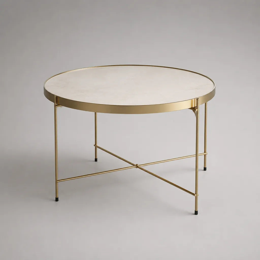 Tavolino rotondo in vetro e acciaio bianco e oro Ø 70 × 55 cm