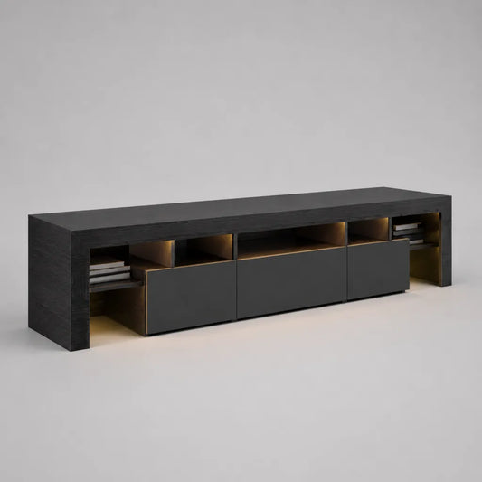 Mobile TV basso rettangolare in pannello truciolare nero e antracite 200 × 40 × 60 cm con 3 ante e vani aperti