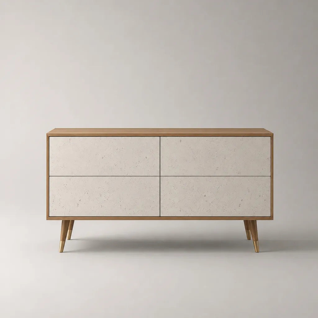 Credenza in MDF con 4 cassetti, effetto rovere e travertino, marrone e beige, 120 x 40 x 75 cm