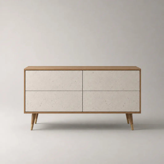 Credenza in MDF con 4 cassetti, effetto rovere e travertino, marrone e beige, 120 x 40 x 75 cm