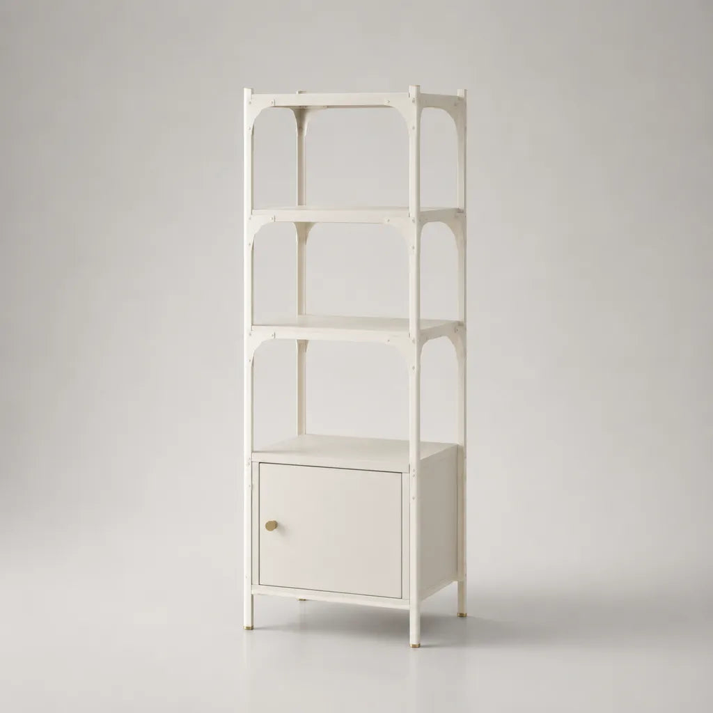 Libreria a colonna in acciaio bianco crema e oro con 4 ripiani e vano con anta, 60 x 35 x 180 cm