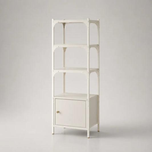 Libreria a colonna in acciaio bianco crema e oro con 4 ripiani e vano con anta, 60 x 35 x 180 cm