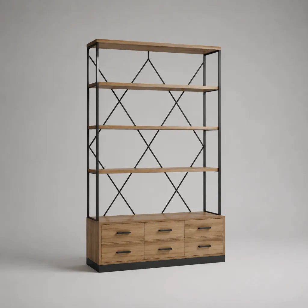 Libreria rettangolare con 4 ripiani e 6 cassetti in MDF impiallacciato rovere e acciaio nero, 120 x 40 x 200 cm
