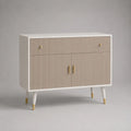 Credenza in legno e metallo con 2 ante e 2 cassetti, bianca, beige e dorata, 100 x 40 x 85 cm