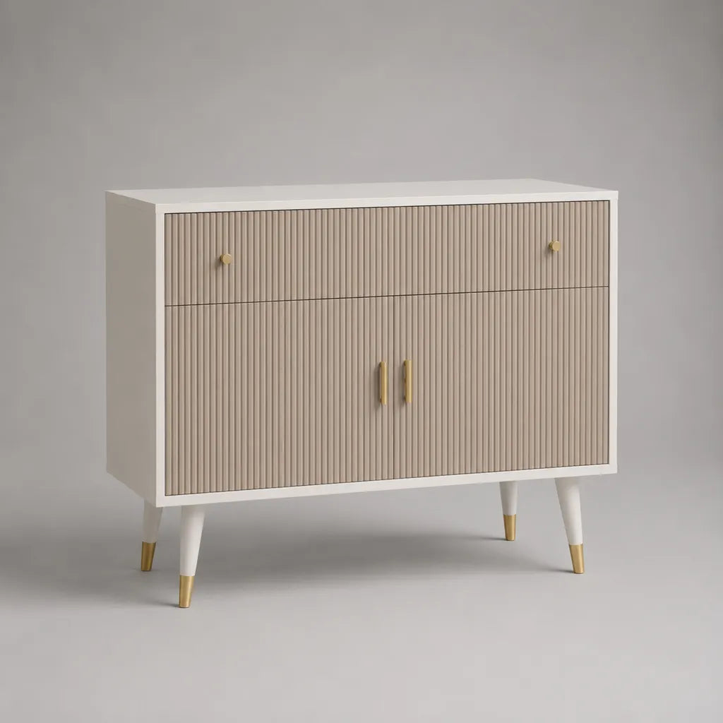 Credenza in legno e metallo con 2 ante e 2 cassetti, bianca, beige e dorata, 100 x 40 x 85 cm