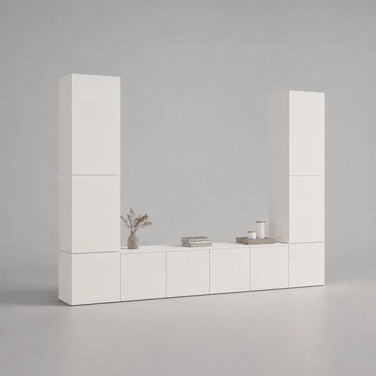 Parete attrezzata TV modulare da 10 elementi in truciolare bianco opaco, 300 x 40 x 200 cm