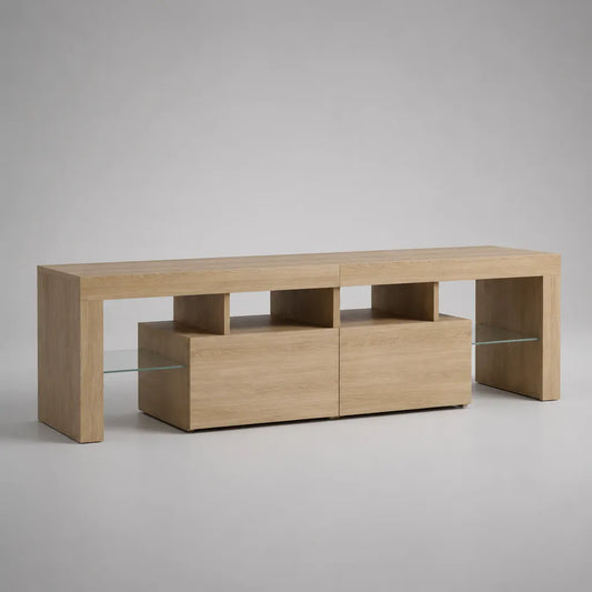 Mobile TV rettangolare in MDF impiallacciato rovere naturale con 2 ante, vani aperti e ripiani in vetro, 200 × 45 × 70 cm