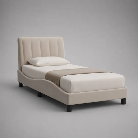 Letto singolo imbottito in tessuto beige e nero, per materasso 90 x 200 cm, dimensioni 105 x 215 x 110 cm