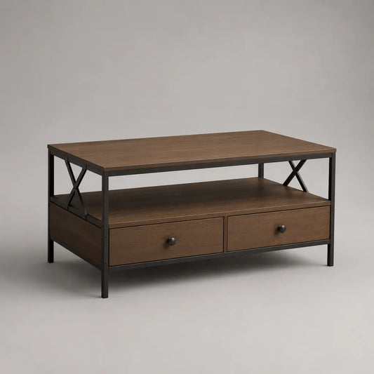 Tavolino rettangolare con 2 cassetti e ripiano, in truciolato melaminico e acciaio, marrone e nero, 100 × 55 × 55 cm
