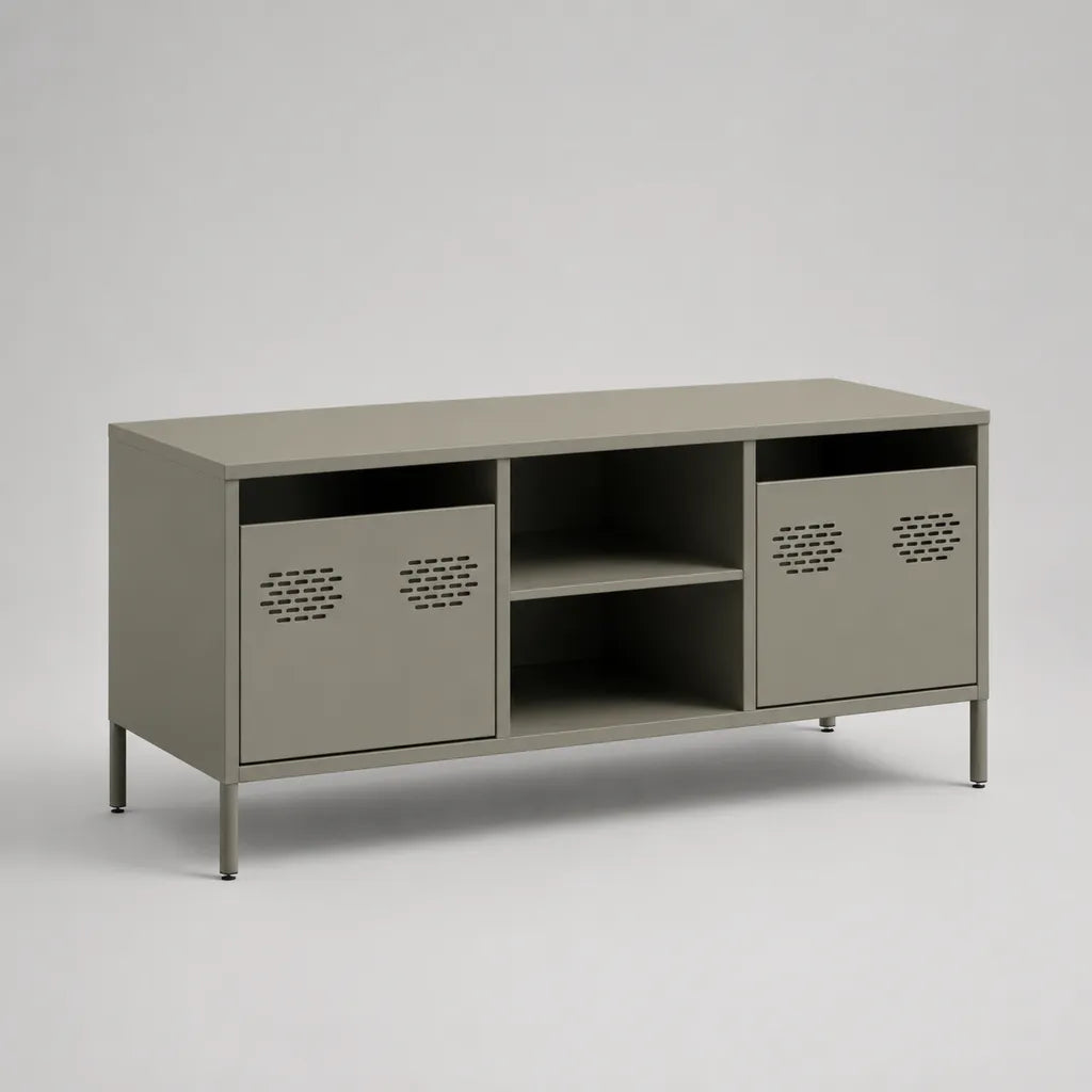 Mobile TV basso rettangolare in acciaio con 2 ante e 2 vani aperti, grigio tortora, 120 x 40 x 68 cm