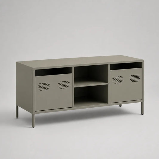 Mobile TV basso rettangolare in acciaio con 2 ante e 2 vani aperti, grigio tortora, 120 x 40 x 68 cm