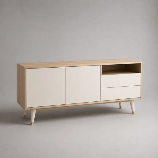 Mobile TV rettangolare in pannello truciolare, rovere chiaro e bianco, con 2 ante, 2 cassetti e vano aperto, 140 x 40 x 70 cm