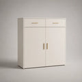 Credenza alta rettangolare con 2 ante e 2 cassetti in pannello truciolare melaminico bianco e oro, 100 × 40 × 120 cm