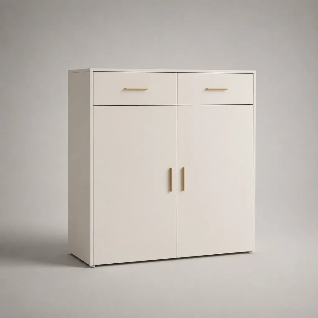 Credenza alta rettangolare con 2 ante e 2 cassetti in pannello truciolare melaminico bianco e oro, 100 × 40 × 120 cm