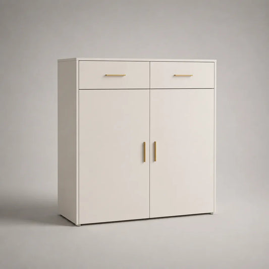 Credenza alta rettangolare con 2 ante e 2 cassetti in pannello truciolare melaminico bianco e oro, 100 × 40 × 120 cm