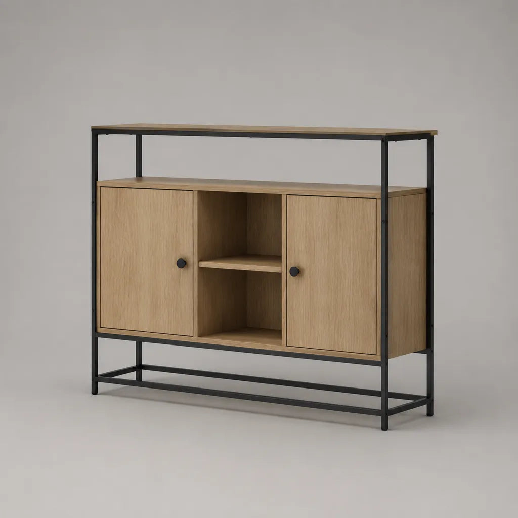 Credenza rettangolare in pannello truciolare melaminico e acciaio nero, 2 ante e 2 vani aperti, 120 × 35 × 100 cm