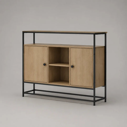 Credenza rettangolare in pannello truciolare melaminico e acciaio nero, 2 ante e 2 vani aperti, 120 × 35 × 100 cm