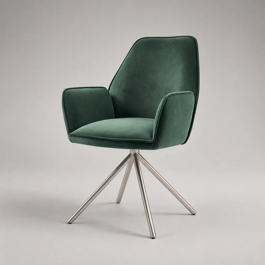 Sedia da pranzo girevole con braccioli in tessuto verde scuro e base in metallo argentato, 59 x 61 x 82 cm