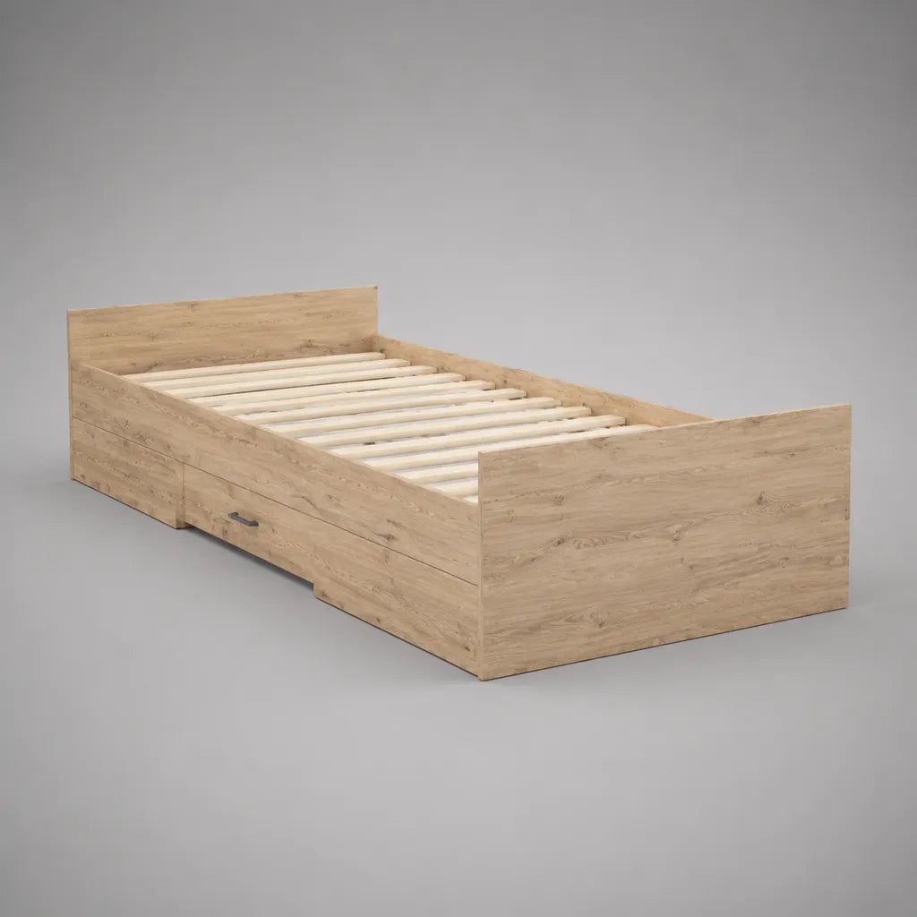 Letto singolo in legno con 2 cassetti e rete a doghe, rovere naturale e nero, per materasso 90 x 200 cm, 96 x 204 x 80 cm