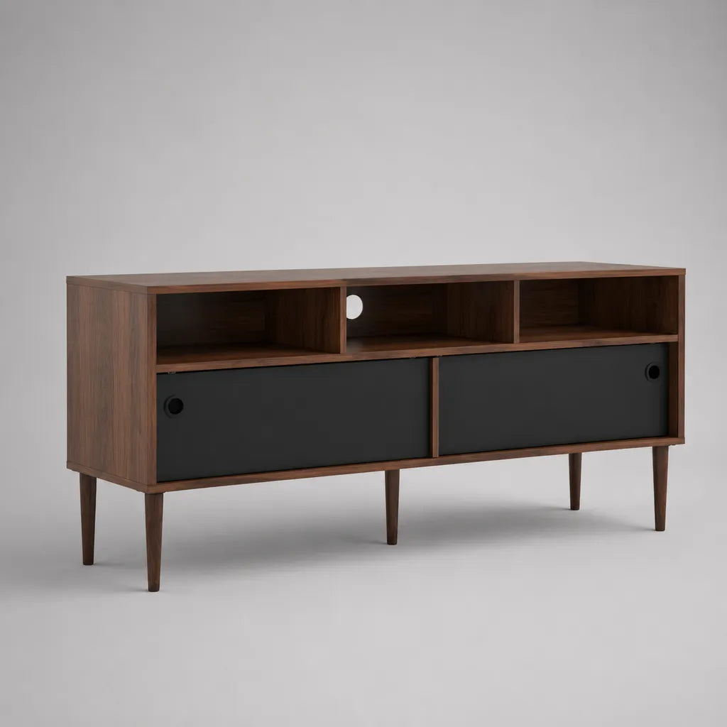 Mobile porta TV rettangolare in legno e metallo con 2 ante scorrevoli e 3 vani aperti, noce e nero, 140 x 40 x 76 cm