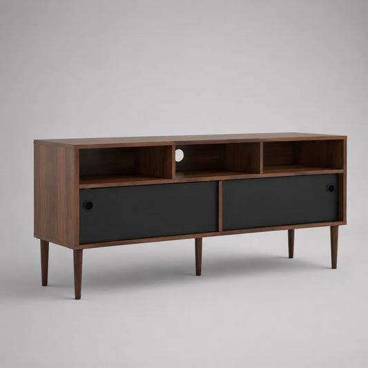 Mobile porta TV rettangolare in legno e metallo con 2 ante scorrevoli e 3 vani aperti, noce e nero, 140 x 40 x 76 cm