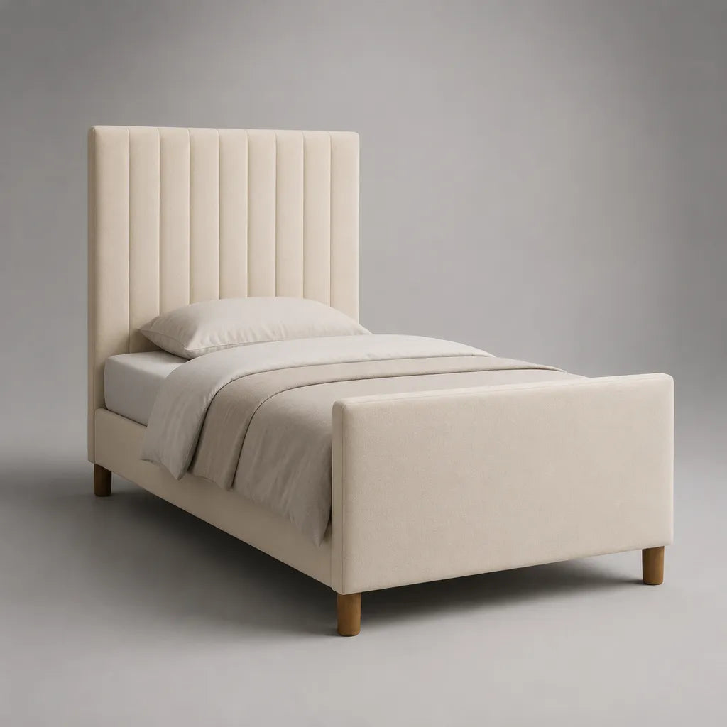 Letto singolo imbottito 90 × 200 cm in velluto di poliestere crema con testiera a canali verticali e pediera, 215 × 103 × 130 cm