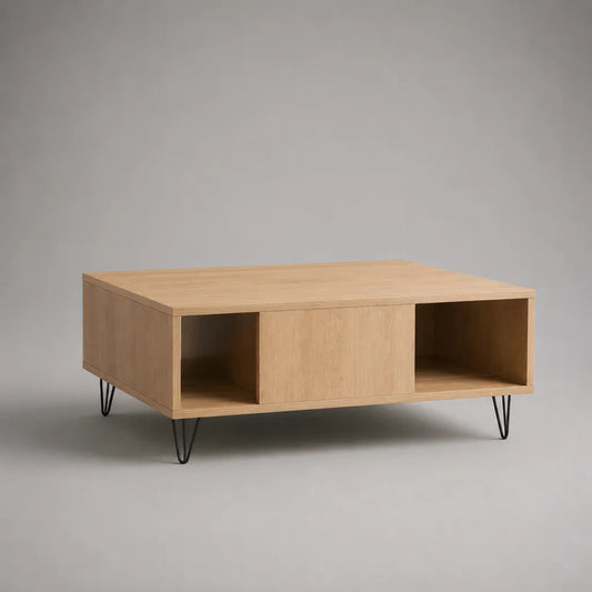 Tavolino da caffè rettangolare in legno con vani contenitore e gambe in metallo nero, 100 x 60 x 40 cm