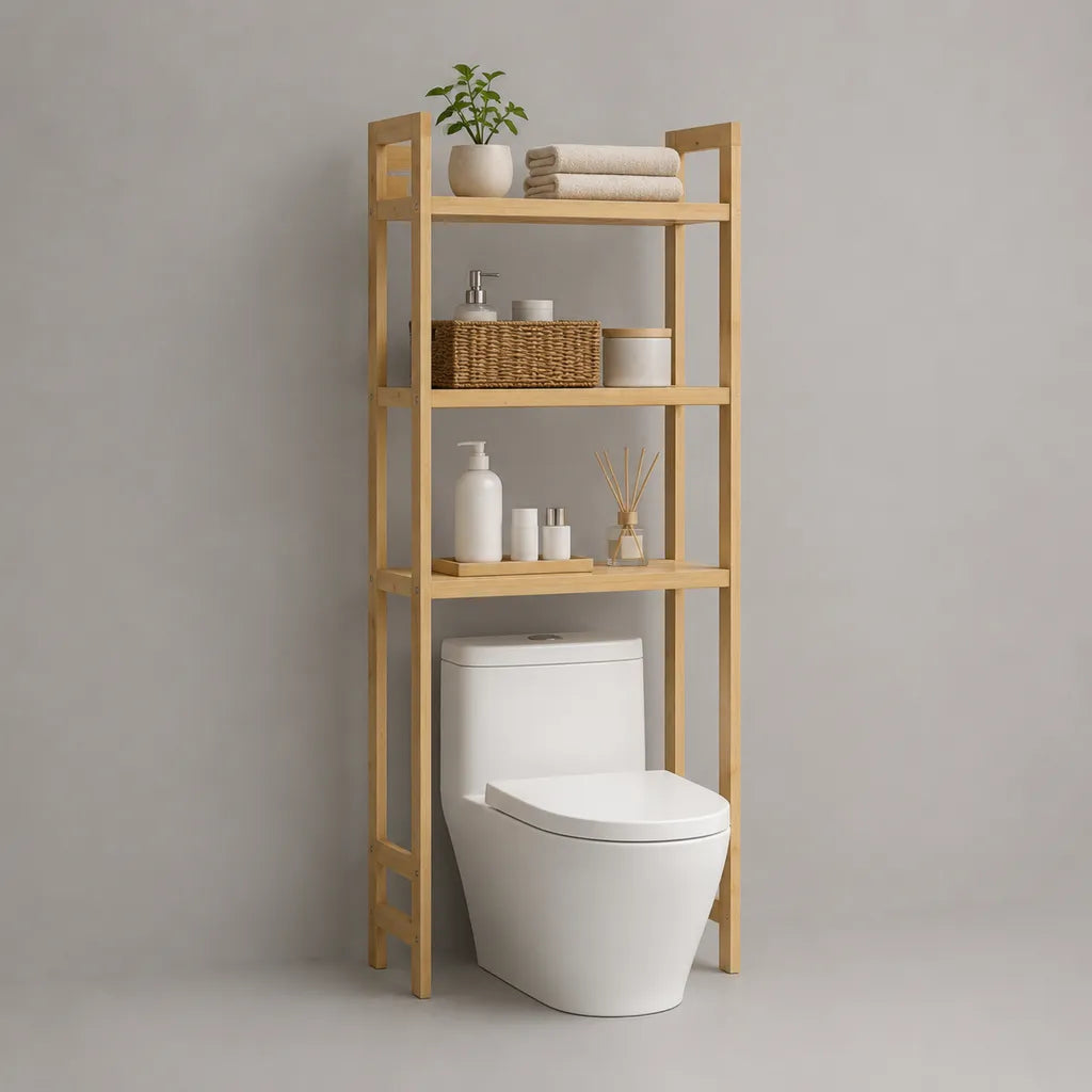 Scaffale sopra WC a 3 ripiani in bambù massiccio naturale, 64 × 25 × 170 cm
