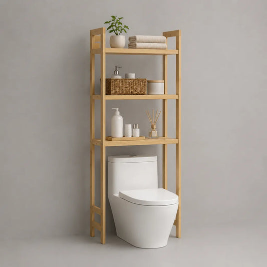 Scaffale sopra WC a 3 ripiani in bambù massiccio naturale, 64 × 25 × 170 cm