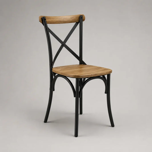 Sedia da pranzo in legno massello e acciaio con schienale a X, marrone naturale e nero, 43 × 48 × 88 cm