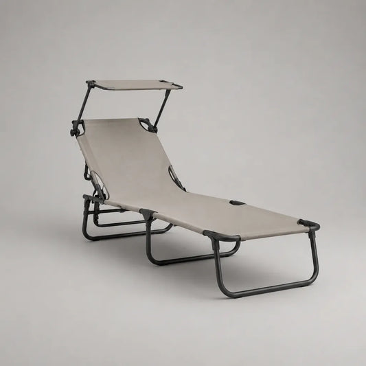 Lettino prendisole pieghevole e reclinabile con parasole, struttura in acciaio e tessuto, tortora e nero, 188 × 58 × 30 cm