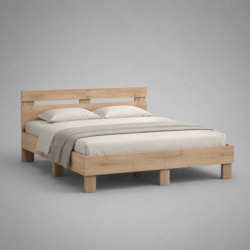 Letto matrimoniale in legno color rovere naturale 160 x 200 cm con rete a doghe