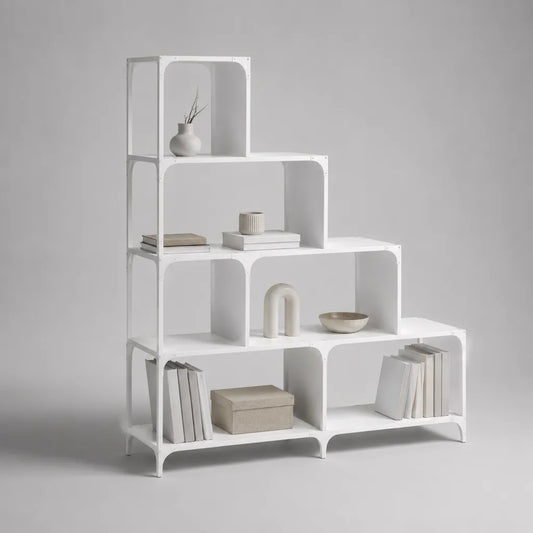 Libreria a scala in acciaio bianco con vani aperti, 160 x 30 x 160 cm