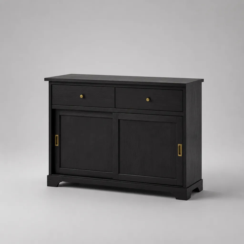 Credenza rettangolare nera in MDF e legno truciolare con 2 ante scorrevoli e 2 cassetti, 120 × 40 × 90 cm