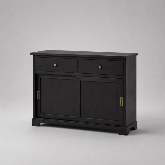 Credenza rettangolare nera in MDF e legno truciolare con 2 ante scorrevoli e 2 cassetti, 120 × 40 × 90 cm