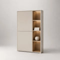 Credenza alta in legno con 2 ante, 4 vani e illuminazione LED, beige e rovere naturale, 120 × 40 × 180 cm